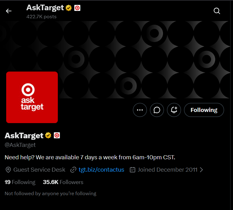 target x official account for support and contact 